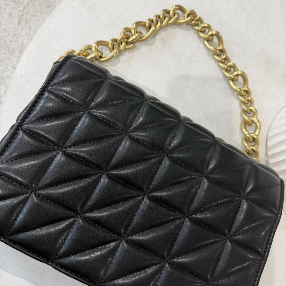 Zara Black Quilted Shoulder Bag with Gold Chain